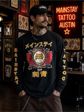 Mainstay Tattoo Austin TX Dragon Graphic Long Sleeve Tee Unisex Large L Black